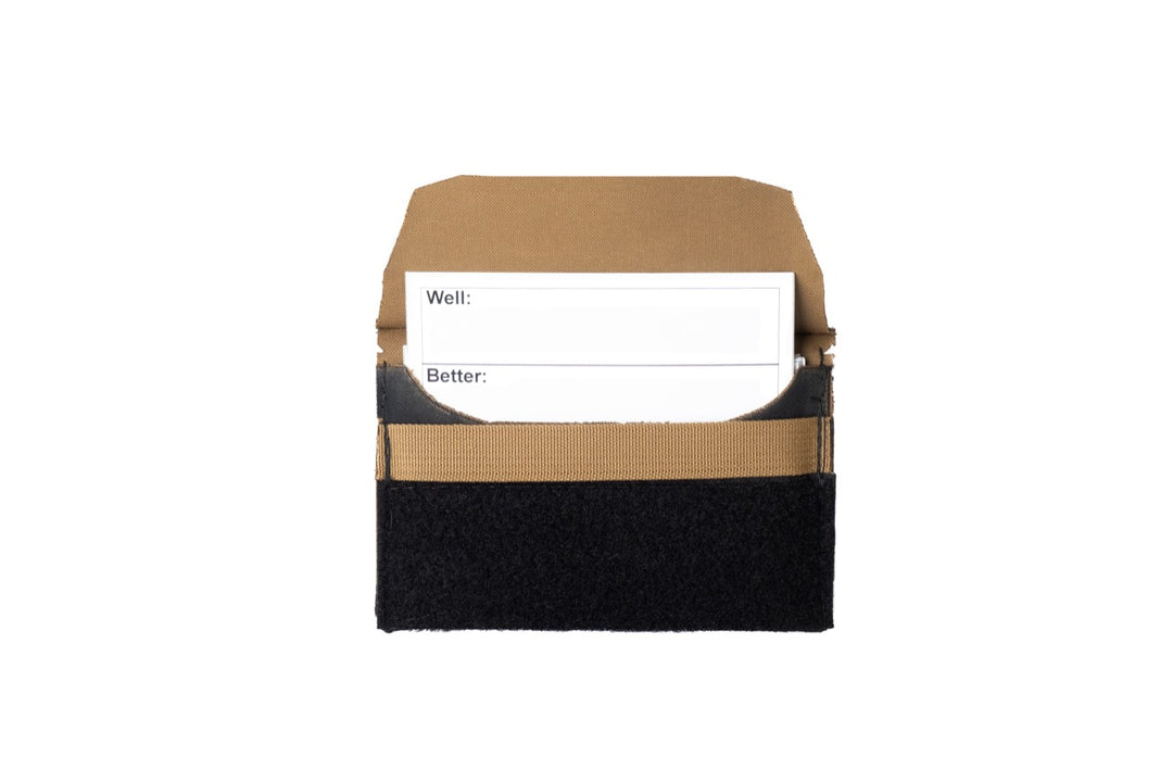 Brown and black cardholder with a white card inside on a white background
