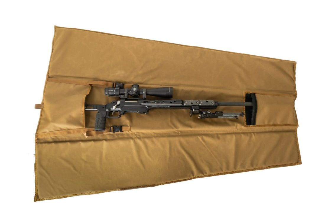Sharp's Mountain rifle case unrolled into a padded shooting mat with heat-shielded hot pocket