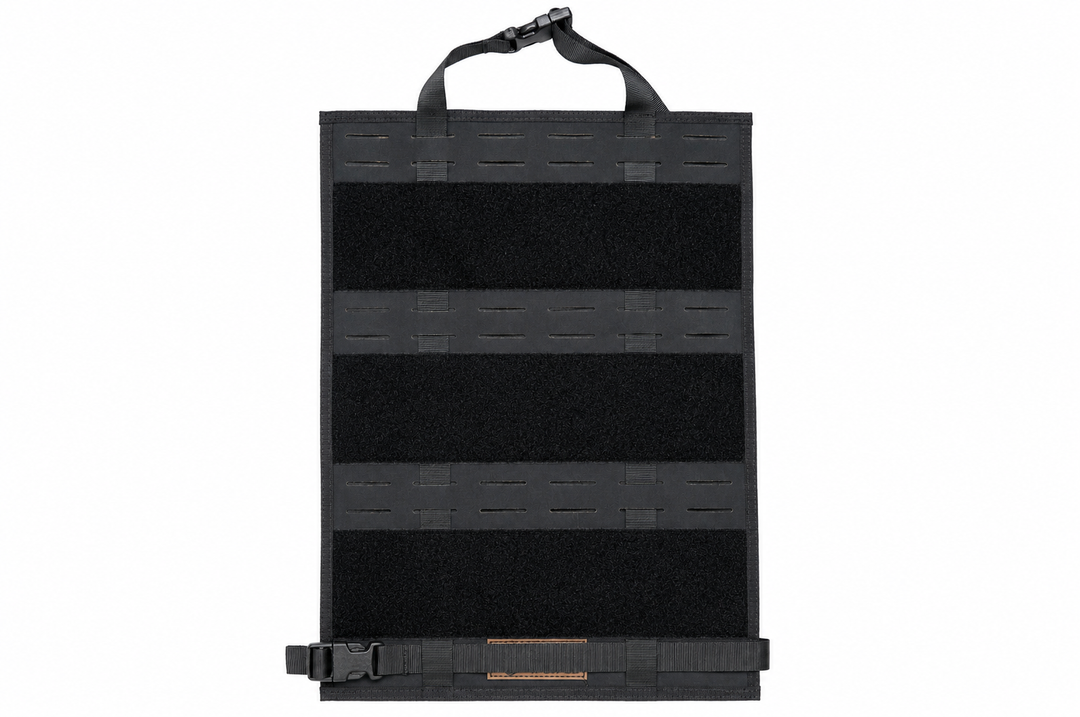 A black panel with a top carrying handle and bottom strap, shown against a plain white background.