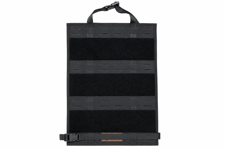 A black panel with a top carrying handle and bottom strap, shown against a plain white background.