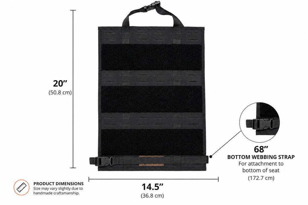 Black vehicle organization panel shown on a white background with dimension callouts: 20 inches tall, 14.5 inches wide, and a 68-inch bottom webbing strap.