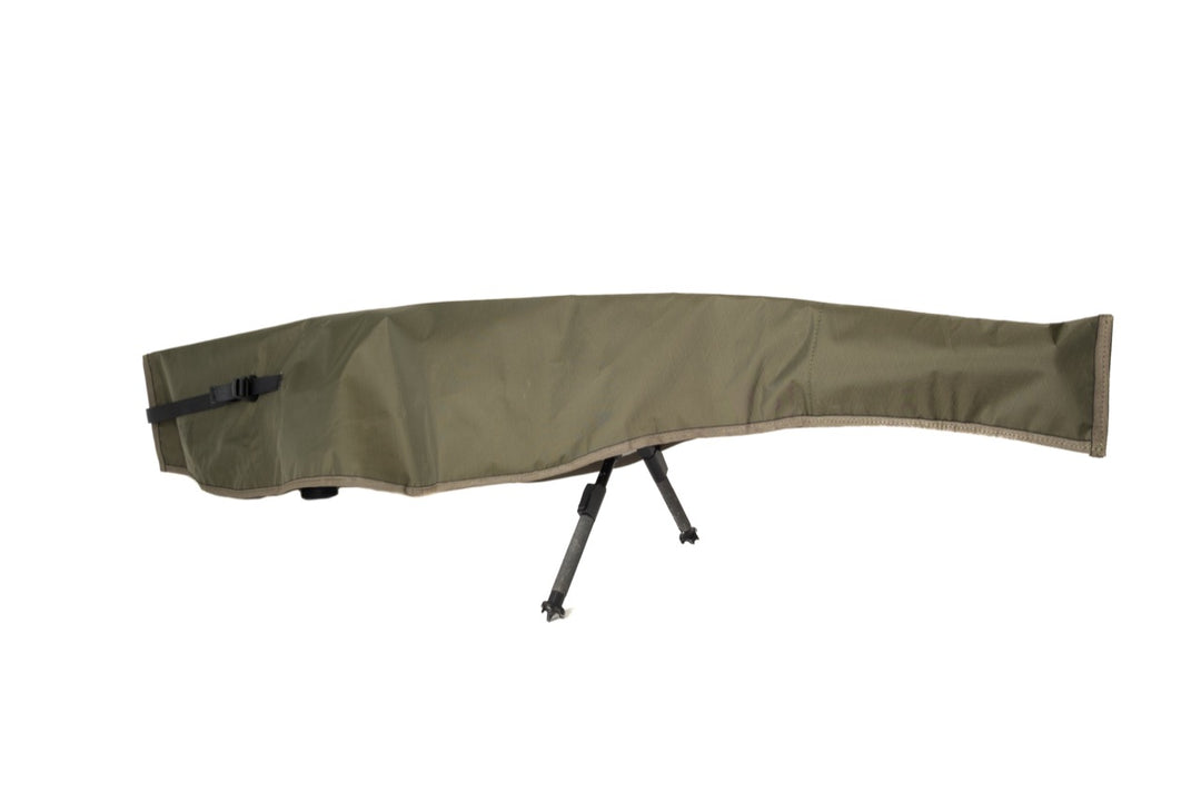 Suppressor Ready Rifle Cover in Ranger Green fitted over a precision rifle with bipod extended.