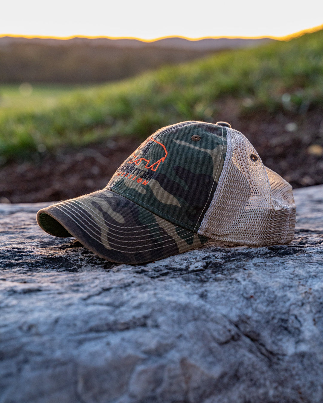 Camo Trucker hat side view.  Pigg River Precision Hats - Sharps Mountain - SharpsMountain.com
