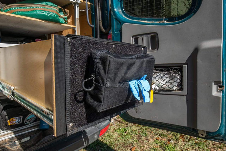 Glove Dispenser Pouch lifestyle velcro panel drawer mounted - Blue Ridge Overland Gear