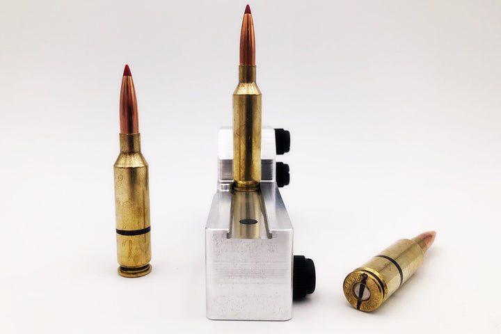 End view of brass marker with bullet aligned vertically.  Gray Ops Brass Marker - Sharpsmountain.com