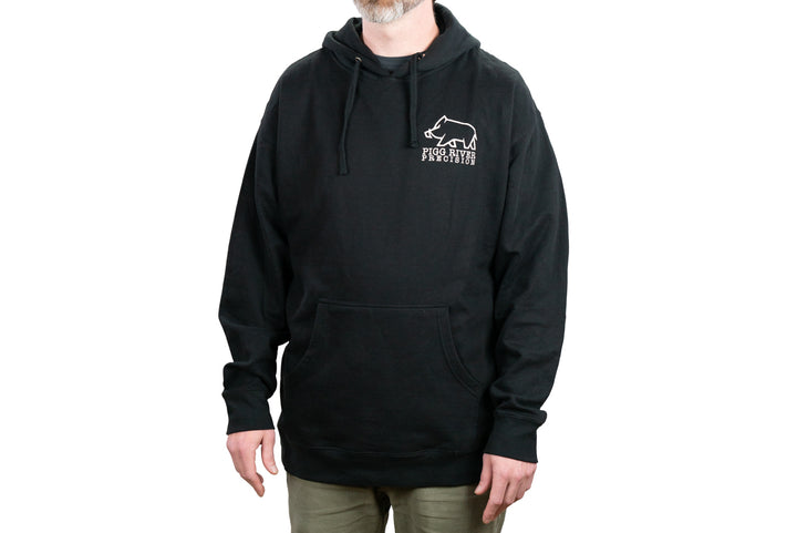 Pigg River Precision Hoodie front view with large logo. - Sharps Mountain - SharpsMountain.com