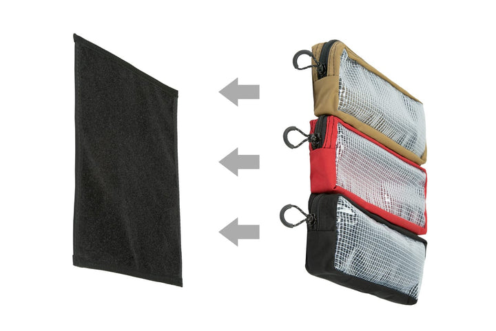 Pouch Mounting Panel 12x12" - Mount Pouches Anywhere. Vehicle Storage. Shows how three 12 by 4 pouches fit on the 12 inch by 12 inch  velcro panel.