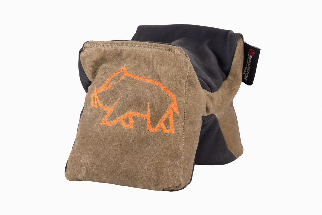 Brown rifle support bag with sticky rubber fabric top and bottom. - Sticky Pint Sized Gamechanger™ with Pigg River Logo