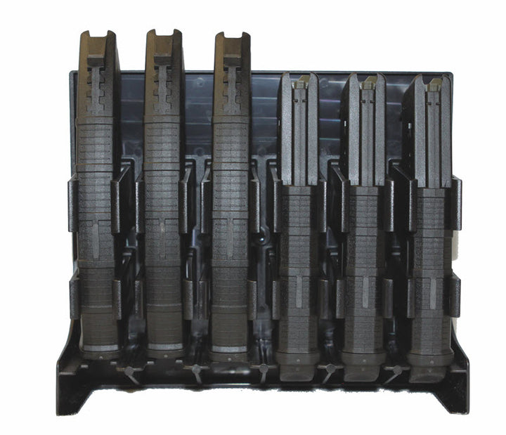 Front angle of magazine holder with 3 ak47 mags and 3 ar-10 mags. - AK47/AR-10 Mag Holder - Magazine Safe Rack - Sharps Mountain Outdoor Gear